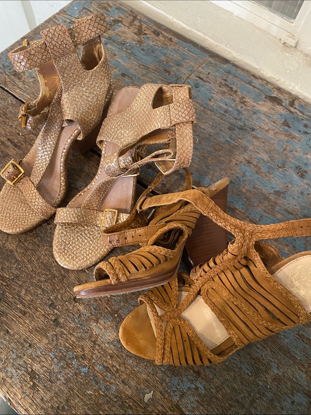 Vince Tan Braided & Textured Strappy Heeled Sandals